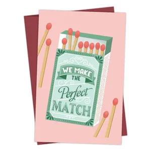 Funny pink birthday card with retro matchbox design and We Make The Perfect Match text