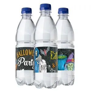 Tre adesivi per bottiglie d'acqua di Halloween con tristo mietitore e motivi spaventosi