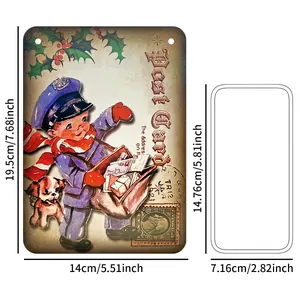 Vintage Christmas tin sign featuring nostalgic postman illustration with size dimensions