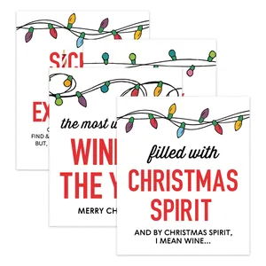 Close-up of funny Christmas wine bottle labels with colorful festive light patterns