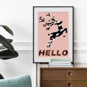 Affiche encadrée nordique avec silhouette de renne et texte HELLO pour décoration murale