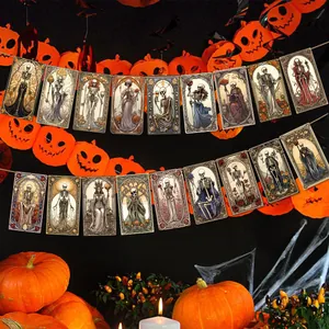 Detail of vintage gothic skeleton tarot card banner for Halloween party wall decoration
