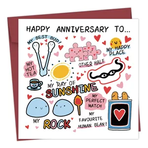 Funny anniversary card set with hand-drawn illustrations and red envelope