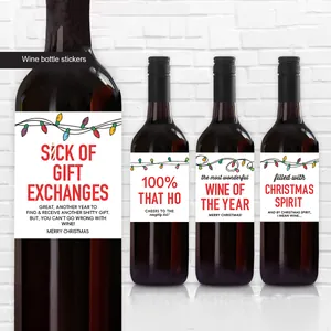 Funny Christmas wine bottle stickers with humorous holiday text and festive light designs