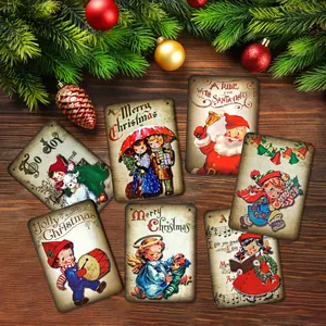 Set of vintage Christmas pennant banners with retro Santa illustrations on dark wood