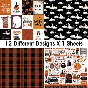Détail de 12 feuilles de scrapbooking Halloween avec citrouilles et motifs effrayants