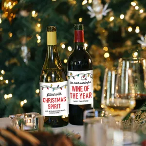 Funny Christmas wine bottle labels with humorous quotes and festive light illustrations