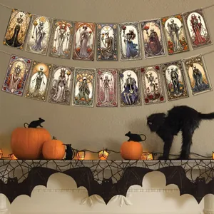 Detail of vintage Halloween skeleton banners on a fireplace with spooky pumpkins