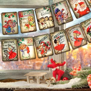 Vintage Christmas Banners Retro Hanging Garlands Santa Claus Angel Pattern Bunting For Holiday Home Party Wall Decoration