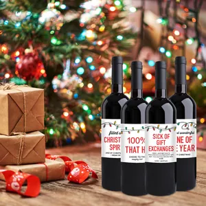 Detail of funny Christmas wine bottle labels with humorous holiday quotes and bulb art