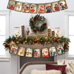 Vintage Christmas banner featuring mid-century Santa illustrations above a cozy fireplace