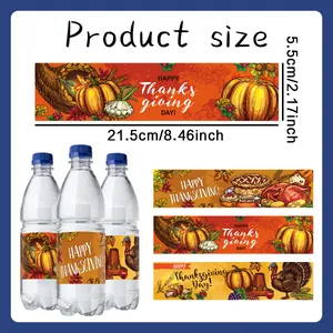 Detailed dimensions of Thanksgiving water bottle stickers with pumpkin and turkey designs