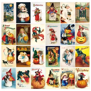 Cartoline Decorative da Parete in Carta per Halloween Retro Carte Decorative per Stanza Con Motivi di Zucca Strega Gatto Nero per Camera da Letto Parete Fotografica Festa Estetica Stile Illustrazione Retro