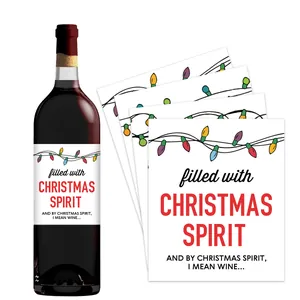 Funny Christmas wine bottle stickers set with humorous holiday quotes and light graphics