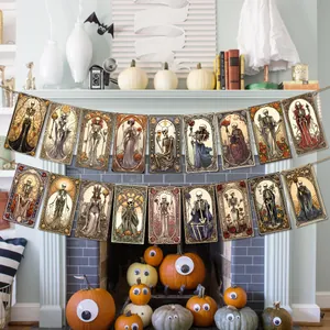 Vintage Art Nouveau Halloween banner featuring ornate skeleton cards hanging on a fireplace