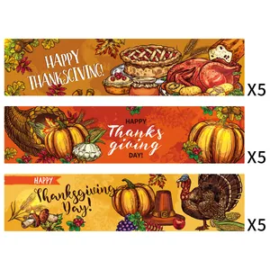 Thanksgiving water bottle labels with retro turkey and pumpkin harvest illustrations