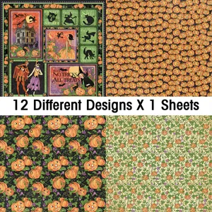Detail view of 12 distinct Halloween scrapbook paper designs featuring vintage pumpkins