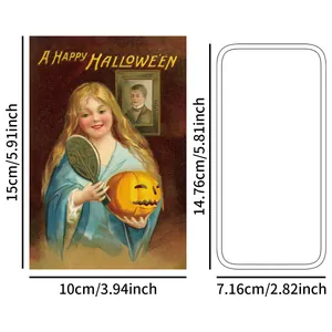 Cartolina vintage di Halloween con ragazza e lanterna a zucca e guida alle dimensioni