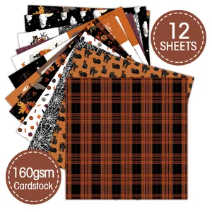 Lot de 12 feuilles de papier Halloween 160gsm avec motifs citrouilles, fantômes et chats