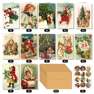 Set of 12 vintage Christmas cards with kraft envelopes and round sealing stickers
