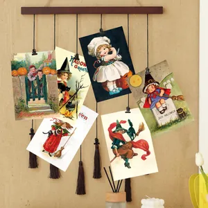 Set di cartoline di Halloween retrò con barra in legno e motivi di zucca vintage