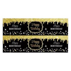 Détail d'étiquettes de bouteille Happy Birthday noir et or avec effet pailleté