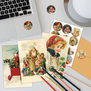 Set of 12 vintage Christmas greeting cards with matching envelopes and round stickers