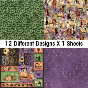 Detail of 12 vintage Halloween craft paper sheets featuring pumpkin and ghost designs