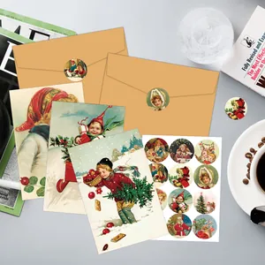 Vintage Christmas card set with kraft envelopes and hand-drawn stickers for holiday greetings