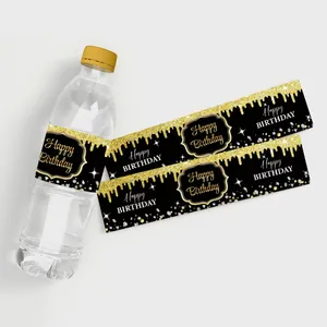 Étiquettes de bouteille d'eau Happy Birthday noir et or pour décorations de fête