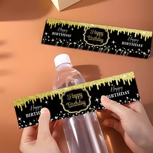 Vue détaillée d'étiquettes de bouteille Happy Birthday noir et or pour décoration de fête
