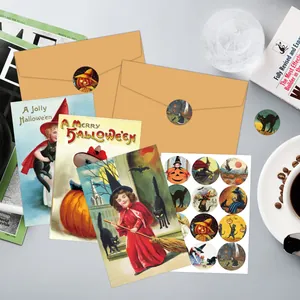 Vintage Halloween card set with pumpkins and envelopes on a cozy home desk setup