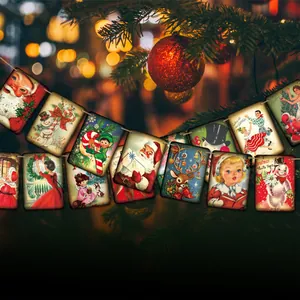 Nahaufnahme von viktorianischen Weihnachtsmann- und Rentier-Illustrationen auf dem Banner