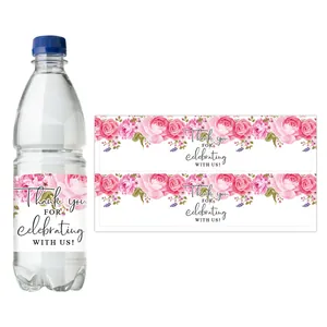 Etichette per bottiglie d'acqua con rose rosa e testo di ringraziamento per matrimoni