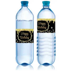 Étiquettes de bouteille d'eau Happy Birthday noir et or avec paillettes et diamants