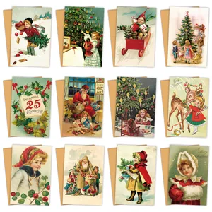 Set of 12 vintage Christmas cards with envelopes featuring classic holiday illustrations