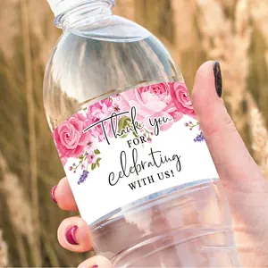 Etichette per bottiglie d'acqua per matrimoni con rose rosa e testo di ringraziamento