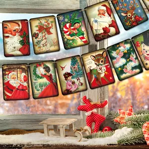 Vintage Weihnachten Banner Set Retro Weihnachtsmann Rentier Illustration Girlande Für Feiertag Party Wand Kamin Dekoration