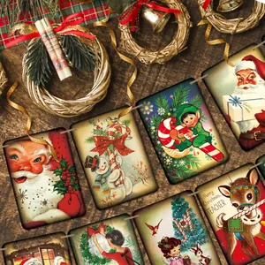 Vintage Weihnachtsbanner mit Illustrationen von Weihnachtsmann und Rentier auf Holzgrund