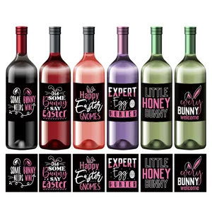 Set of 6 Easter wine bottle labels with bunny and egg designs for holiday party decor