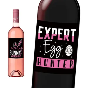 6-piece funny Easter wine bottle labels with bunny and egg hunter designs for party decor