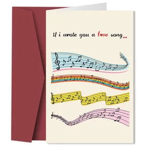 Détail d'une carte de vœux musicale avec notes et enveloppe rouge pour collègues