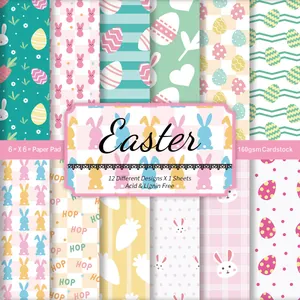 Detailed view of 12 Easter scrapbook paper designs with bunny patterns and 6x6 inch specs
