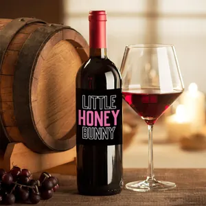 Easter wine bottle sticker with Little Honey Bunny text on a 750ml red wine bottle