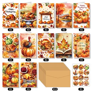 Flachbild von 12 Thanksgiving-Karten mit Kraftumschlägen und runden Aufklebern im Set