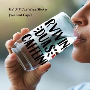 UV DTF transfer sticker for 16oz glass cups featuring black caffeine quote and icons