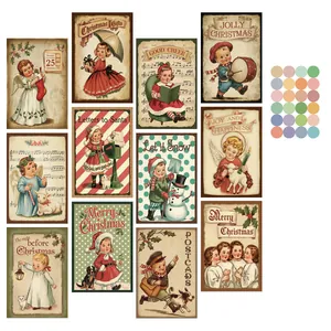 Vintage Christmas Greeting Cards Retro Santa Angel Illustrations Postcards For Holiday Wall Decor With Round Stickers