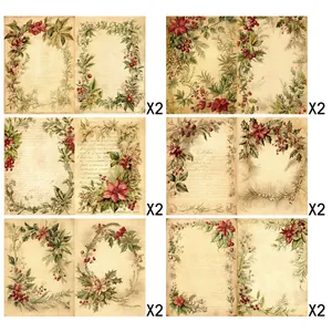12 sheets of vintage floral scrapbooking paper featuring festive Christmas botanicals