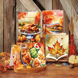 Detailansicht der Aquarell-Danksagungskarten mit Truthahn- und Kürbis-Herbstmotiven