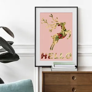 Minimalist Nordic deer print wall art with vintage floral patterns and black frame